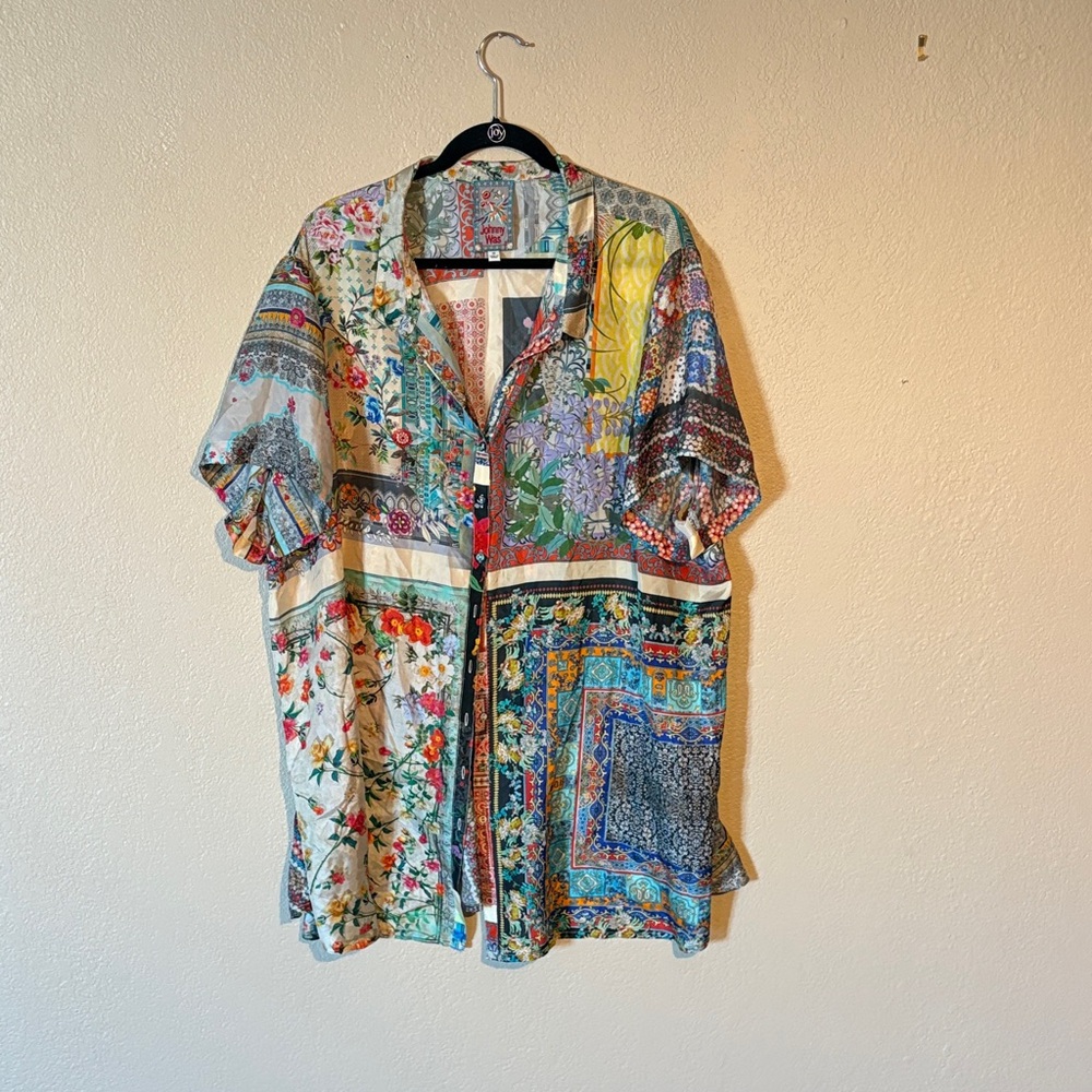 Johnny Was Multicolor Patchwork Silk Button Up Sh… - image 1